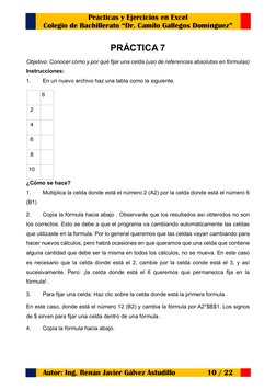 Prácticas y Ejercicios en Excel 
Colegio de Bachillerato “Dr. Camilo Gallegos Domínguez” 
Autor: Ing. Renán Javier Gálvez Ast