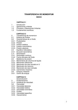 2 
 
TRANFERENCIA DE MOMENTUM 
INDICE 
 
  
  CAPITULO 1 
1 
Introducción 
1.1 
Operaciones unitarias 
1.2 
Procesos y Oper