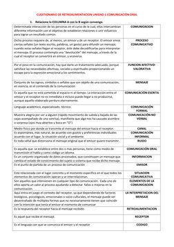 CUESTIONARIO DE RETROALIMENTACION UNIDAD 1 COMUNICACIÓN ORAL 
1. Relacione la COLUMNA A con la B según convenga. 
Determinada