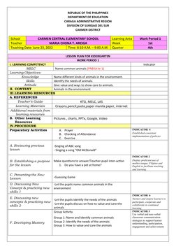 Kindergarten Lesson Plan: Animals | PDF | Learning | Teaching Method