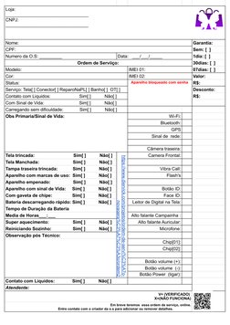 Loja:
_________________________________
CNPJ:
_________________________________
Nome:
Garantia:
CPF:
Sem: [  ]
Numero da O.S: