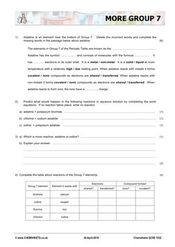 © www.CHEMSHEETS.co.uk 
30-April-2018 
Chemsheets GCSE 1032 
 
 
 
 
 
 
1)  
Astatine is an element near the bottom of Gro