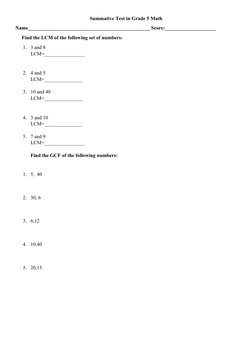 Summative Test in Grade 5 Math
Name________________________________________________ Score:____________________
     Find the