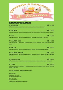CARDÁPIO DE LANCHE 
X BURGUER                                                                    R$ 14,00 
(PÃO, MUSSARELA,