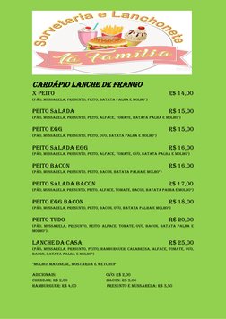 CARDÁPIO LANCHE DE FRANGO 
X PEITO                                                                           R$ 14,00 
(PÃO