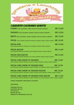 cardápio cachorro quente 
Carne (pão, salsicha, carne, batata palha e molho*)                       r$ 12,00         
 
Fra