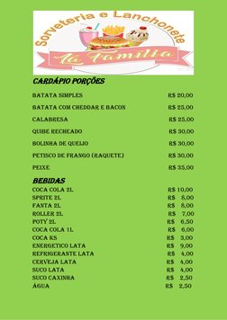 Cardápio porções 
 
Batata simples                                                        R$ 20,00       
 
Batata com ched