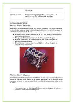 3.0 Imp. Qt)
Presión del aceite:
En reposo: 0,3 kg / m2 (29 kPa, 4,3 psi) o más A 3,00
rpm: 2,5-6,0 kg / m2 (245-588 kPa, 36-