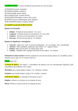 1. SUBSTANTIVO: é a classe de palavras que dá nome aos seres em geral 
1)  PESSOAS (menino, Fernando);
2) ANIMAIS (galinha, c