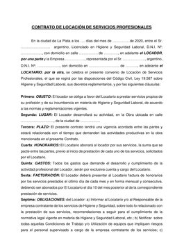 CONTRATO DE LOCACIÓN DE SERVICIOS PROFESIONALES 
 
En la ciudad de La Plata a los …. días del mes de ………….. de 2020, en