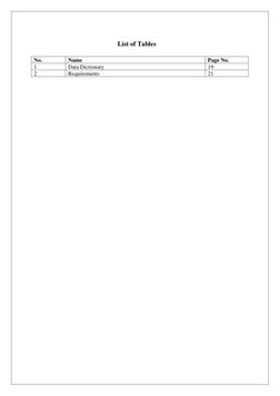  
   
List of Tables 
 
No. 
Name 
Page No. 
1 
Data Dictionary 
19 
2 
Requirements 
21 
