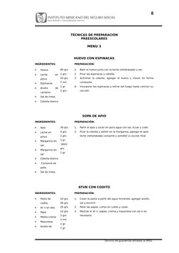 TÉCNICAS DE PREPARACIÓN
PREESCOLARES
MENU 3
HUEVO CON ESPINACAS
INGREDIENTES:
PREPARACIÓN:
•
Huevo
•
Leche
 
en 
polvo
•
Espi