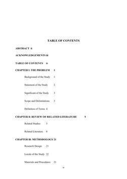 TABLE OF CONTENTS
ABSTRACT ii
ACKNOWLEDGEMENTS iii
TABLE OF CONTENTS 
iv
CHAPTER l: THE PROBLEM
1
Background of the Study
1
S