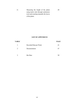 11
Measuring  the  height  of  the  plants
using metric ruler through centimeters
(cm) and counting manually the leaves
of th
