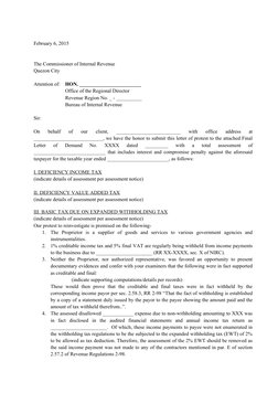 February 6, 2015
The Commissioner of Internal Revenue
Quezon City
Attention of: HON. ________________________
Office of the R