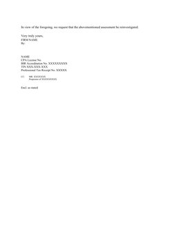 In view of the foregoing, we request that the abovementioned assessment be reinvestigated.
Very truly yours,
FIRM NAME
By:
NA