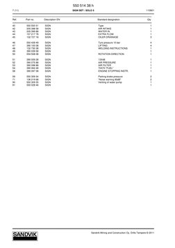 550 514 38 h
7 (11)
SIGN SET / SOLO 5
110901
Sandvik Mining and Construction Oy, Drills Tampere © 2011
Ref.
Part no.
Descript