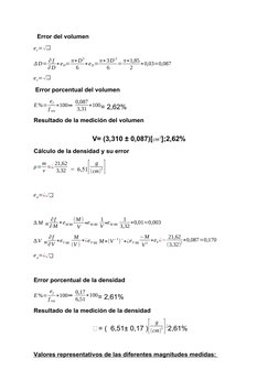 Error del volumen  
ev=√❑
Δ D= ∂f
∂D∗eD= π∗D
3
6
∗eD=π∗3D
❑
6
= π∗1,85
2
∗0,03=0,087
ev=√❑
 Error porcentual del volumen