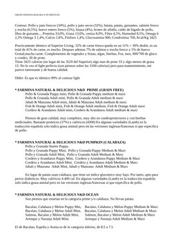 GRUPO PIENSOS BASURA O NUTRITIVOS
Contour: Pollo y pato frescos (34%), pollo y pato secos (32%), batata, patata, guisantes, s