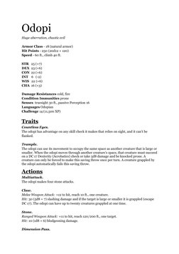 Odopi
Huge aberration, chaotic evil
Armor Class - 18 (natural armor)
Hit Points - 250 (20d12 + 120)
Speed - 60 ft., climb 40