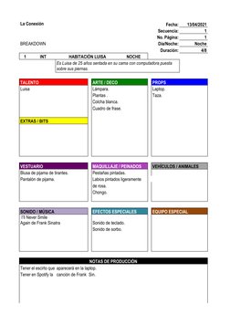 La Conexión
Fecha:
13/04/2021
Secuencia:
1
No. Página:
1
BREAKDOWN
Día/Noche:
Noche
Duración:
4/8
1
INT
HABITACIÓN LUISA
NOCH
