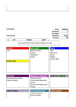 La Conexión
Fecha:
13/04/2021
Secuencia:
2
No. Página:
1
BREAKDOWN
Día/Noche:
Noche
Duración:
6/8
2
INT
COCINA
NIGHT
Luisa ca