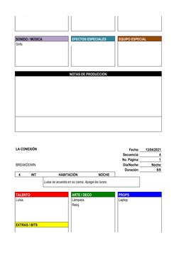 SONIDO / MÚSICA
EFECTOS ESPECIALES
EQUIPO ESPECIAL
Grifo
NOTAS DE PRODUCCIÓN
LA CONEXIÓN
Fecha:
13/04/2021
Secuencia:
4
No. P