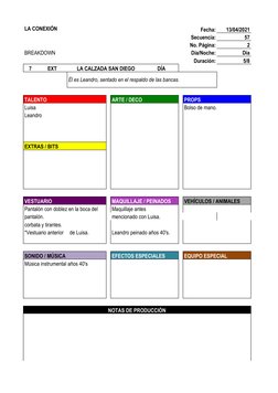 LA CONEXIÓN
Fecha:
13/04/2021
Secuencia:
57
No. Página:
2
BREAKDOWN
Día/Noche:
Día
Duración:
5/8
7
EXT
LA CALZADA SAN DIEGO
D
