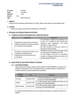ACTA DE REVISIÓN POR LA DIRECCIÓN
DICIEMBRE 2020
N° de Acta
:
010-2020
Fecha
:
21/12/2020
Hora Inicio
:
10:05
Hora Fin:
13:20