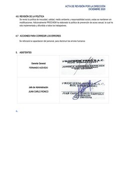 ACTA DE REVISIÓN POR LA DIRECCIÓN
DICIEMBRE 2020
4.6. REVISIÓN DE LA POLÍTICA
Se revisó la política de inocuidad, calidad, me