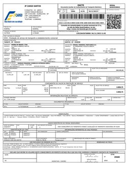 JP CARGO SANTOS
R JEQUITAI - 20 - ARMZ 2
CIDADE PARQUE BRASILIA
CEP: 07243-000 - GUARULHOS - SP
CNPJ: 25051409000168
I. E.: 7