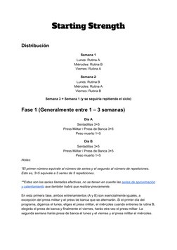 Starting​ ​Strength 
 
Distribución 
Semana​ ​1 
Lunes:​ ​Rutina​ ​A 
Miércoles:​ ​Rutina​ ​B 
Viernes:​ ​Rutina​ ​A 
Semana​