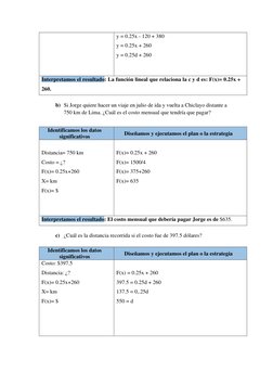 y = 0.25x - 120 + 380  
y = 0.25x + 260 
y = 0.25d + 260   
 
Interpretamos el resultado: La función lineal que relaciona la