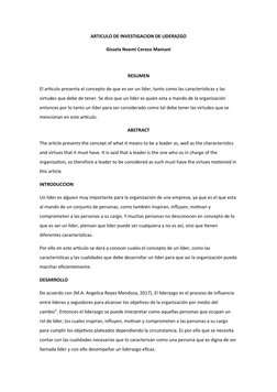 ARTICULO DE INVESTIGACION DE LIDERAZGO
Gissela Noemi Cerezo Mamani
RESUMEN
El articulo presenta el concepto de que es ser un