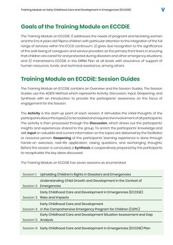Training Module on Early Childhood Care and Development in Emergencies (ECCDiE) 
v
Goals of the Training Module on ECCDiE
The