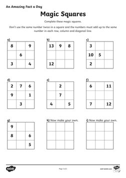 Page 2 of 2
An Amazing Fact a Day
visit twinkl.com
Magic Squares
Complete these magic squares. 
Don't use the same number twi
