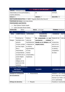 I.
DATOS INFORMATIVOS: 
UNIDAD:  Analizamos situaciones cotidianas
relacionadas con las oportunidades y 
nuestros derechos.
N