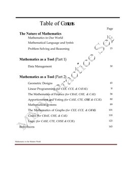 Table of Contents
The Nature of Mathematics
Page
Mathematics in Our World
1
Mathematical Language and Symbols
9
Problem Solvi