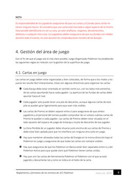 8 
enero 22, 2019 
Reglamento y formatos de los torneos de JCC Pokémon 
NOTA 
Es responsabilidad de los jugadores asegurars