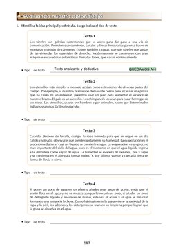 Evaluando nuestro aprendizaje
I.	 Identifica la idea principal y subráyala. Luego indica el tipo de texto.
Texto 1
Los túnele
