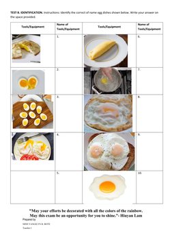 TEST B. IDENTIFICATION. Instructions: Identify the correct of name egg dishes shown below. Write your answer on 
the space pr