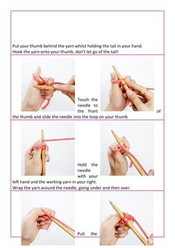 Put your thumb behind the yarn whilst holding the tail in your hand.
Hook the yarn onto your thumb, don’t let go of the tail!