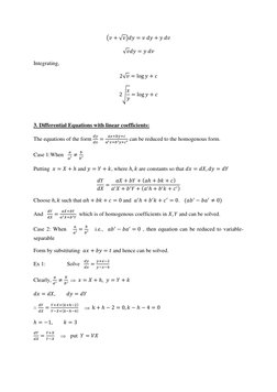 (𝑣+ √𝑣)𝑑𝑦= 𝑣 𝑑𝑦+ 𝑦 𝑑𝑣 
√𝑣𝑑𝑦= 𝑦 𝑑𝑣 
Integrating, 
2√𝑣= log 𝑦+ 𝑐 
2√
𝑥
𝑦= log 𝑦+ 𝑐 
 
3. Differential Eq