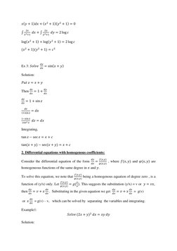 𝑥(𝑦+ 1)𝑑𝑥+ (𝑥2 + 1)(𝑦2 + 1) = 0  
∫
2𝑥
𝑥2+1  𝑑𝑥+ ∫
2𝑦
𝑦2+1  𝑑𝑦= 2 log 𝑐  
log(𝑥2 + 1) + log(𝑦2 + 1) = 2 log 