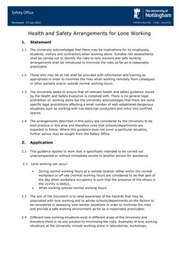 Reviewed: DD Month 
Year 
 
 
 
Reviewed:  17 July 2012 
 
Health and Safety Arrangements for Lone Working  
1. 
Statement 
1