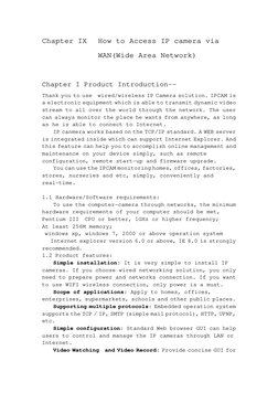 Chapter IX   How to Access IP camera via 
WAN(Wide Area Network) 
 
Chapter I Product Introduction--  
Thank you to use  wire