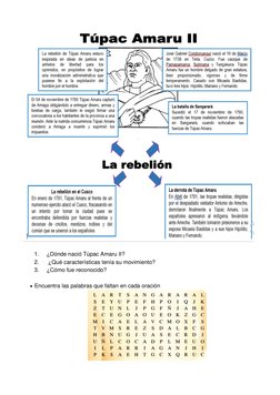 1. 
¿Dónde nació Túpac Amaru II? 
2. 
 ¿Qué características tenía su movimiento? 
3. 
¿Cómo fue reconocido? 
 
• Encuentr