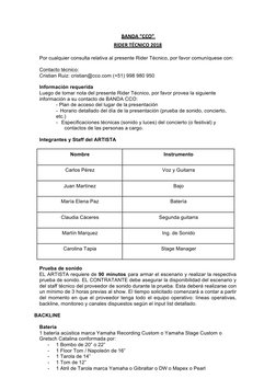 BANDA	  “CCO”	  	  
RIDER	  TÉCNICO	  2018	  
	  
Por cualquier consulta relativa al presente Rider Técnico, por fav