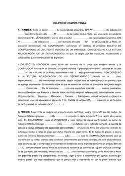 BOLETO DE COMPRA VENTA
A - PARTES. Entre el señor……..  , de nacionalidad argentina, DNI Nº ……………, de estado civil
…….., con d