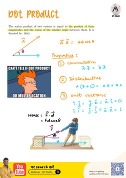 Dot product
7
TA
A→. B→
=
AB cos 0
•⇒
Properties :
①commutative
Ñ . B-
=
-
B.Ñ
②Distributive
A. ( B + c)
=
A. B +
A - C
③
uni